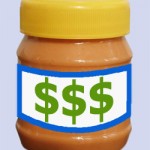 Jar of peanut butter with dollar signs on the label