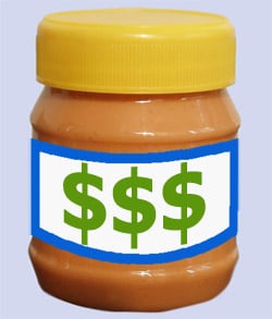 Jar of peanut butter with dollar signs on the label