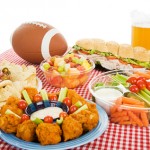 Table spread with appetizer trays for the super bowl 2013 football party.