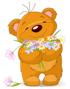 Teddy bear giving a bouquet