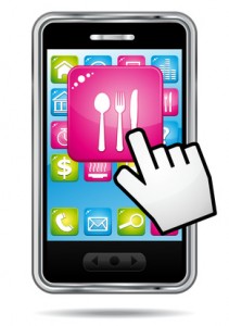 Hand cursor opening restaurant application on smartphone.