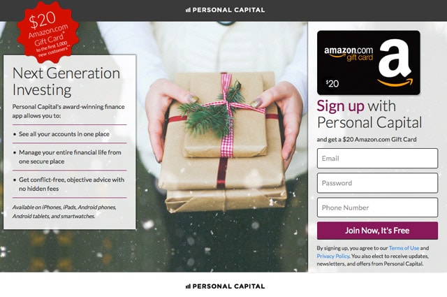Personal Capital Sweepstakes Get $20 for free account.