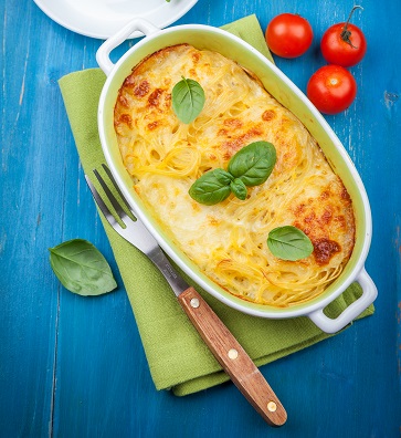 Casserole with pasta and mozzarella cheese