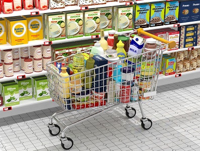 Supermarket interior and shopping cart with various products